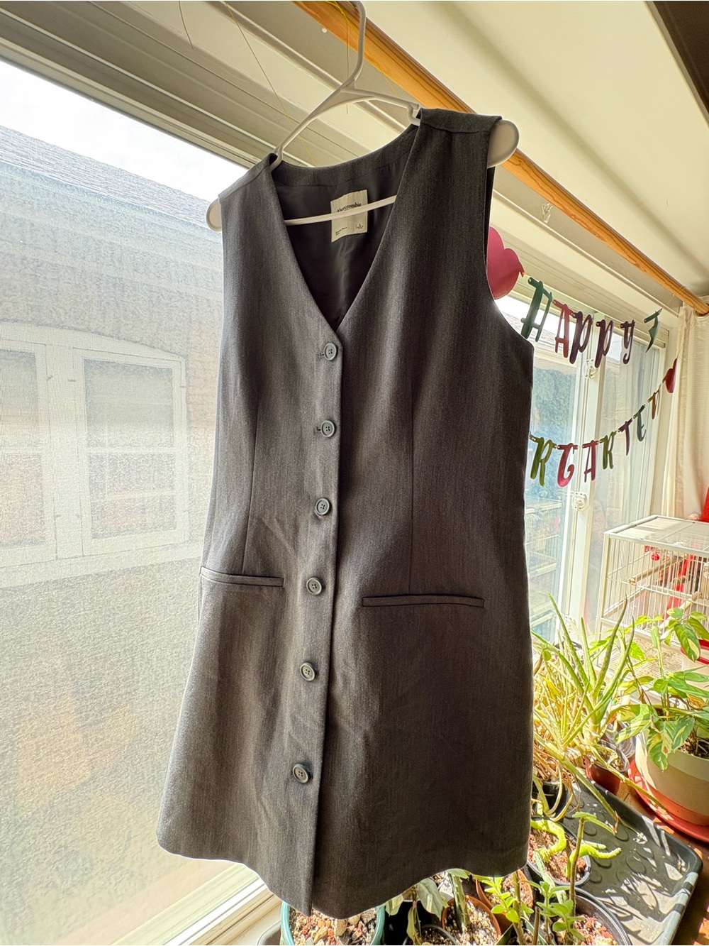 Abercrombie & Fitch Charcoal Gray Sleeveless V-Neck Button Front Dress